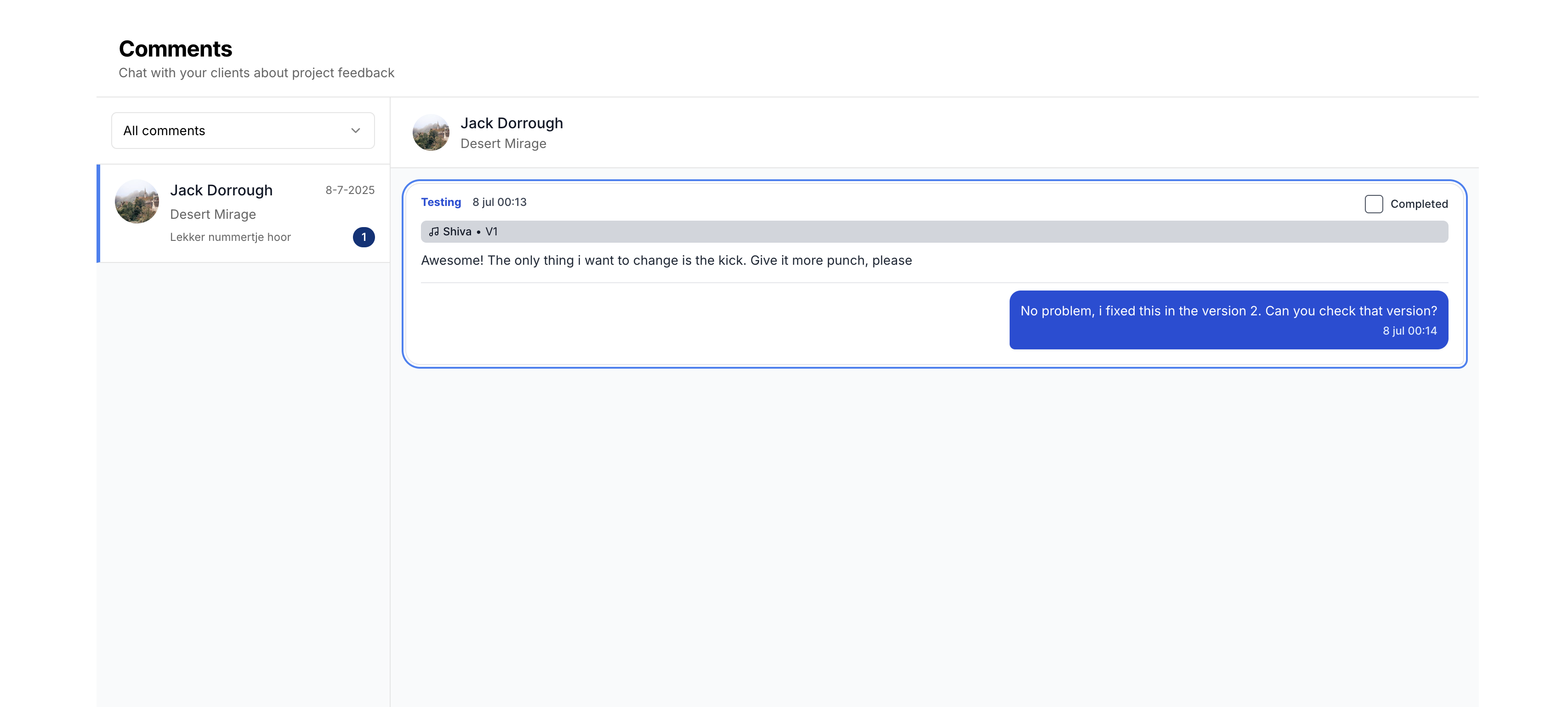AudioCollabz comments and collaboration interface showing threaded conversations, time-stamped feedback, and real-time notifications