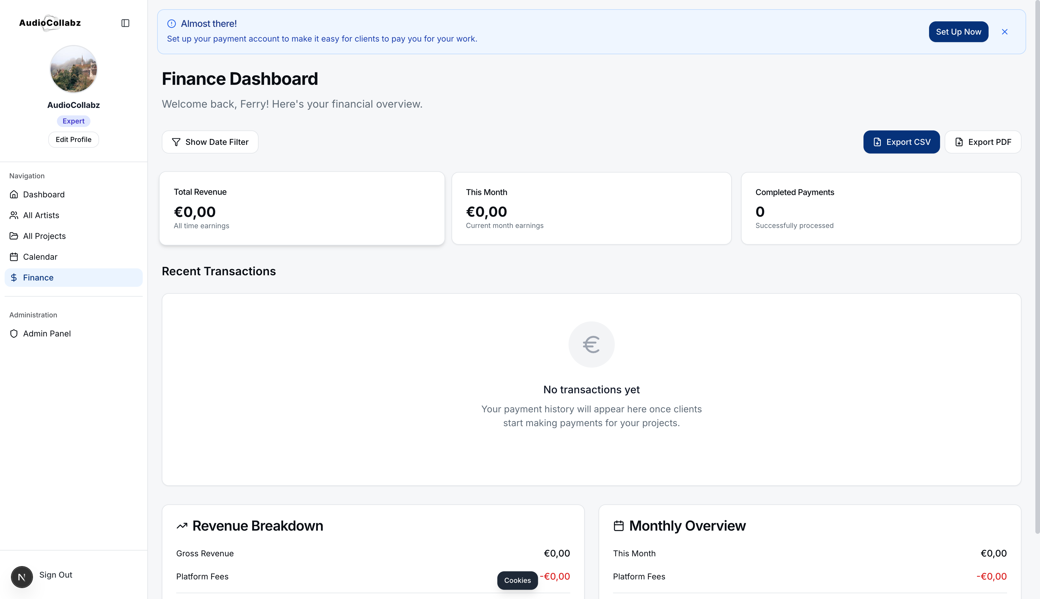 AudioCollabz finance dashboard showing revenue tracking, payment history, and financial reports with export capabilities
